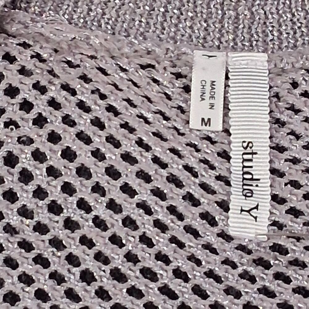 Studio Y Sweater Button Down Cardigan Gray w-Metallic Threads Classy Glam Sz M - Picture 3 of 8